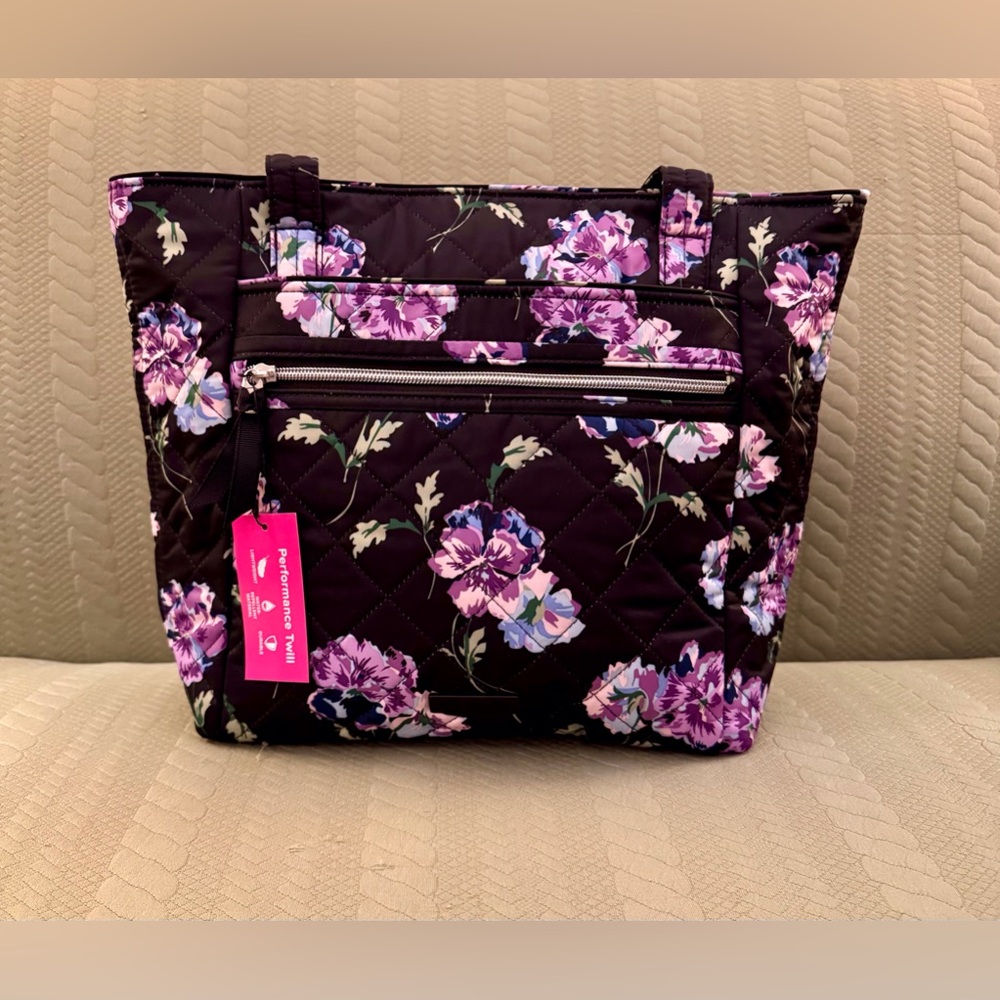 Vera Bradley Small Vera Tote Performance Twill Floating Plum Pansies. NWT’s